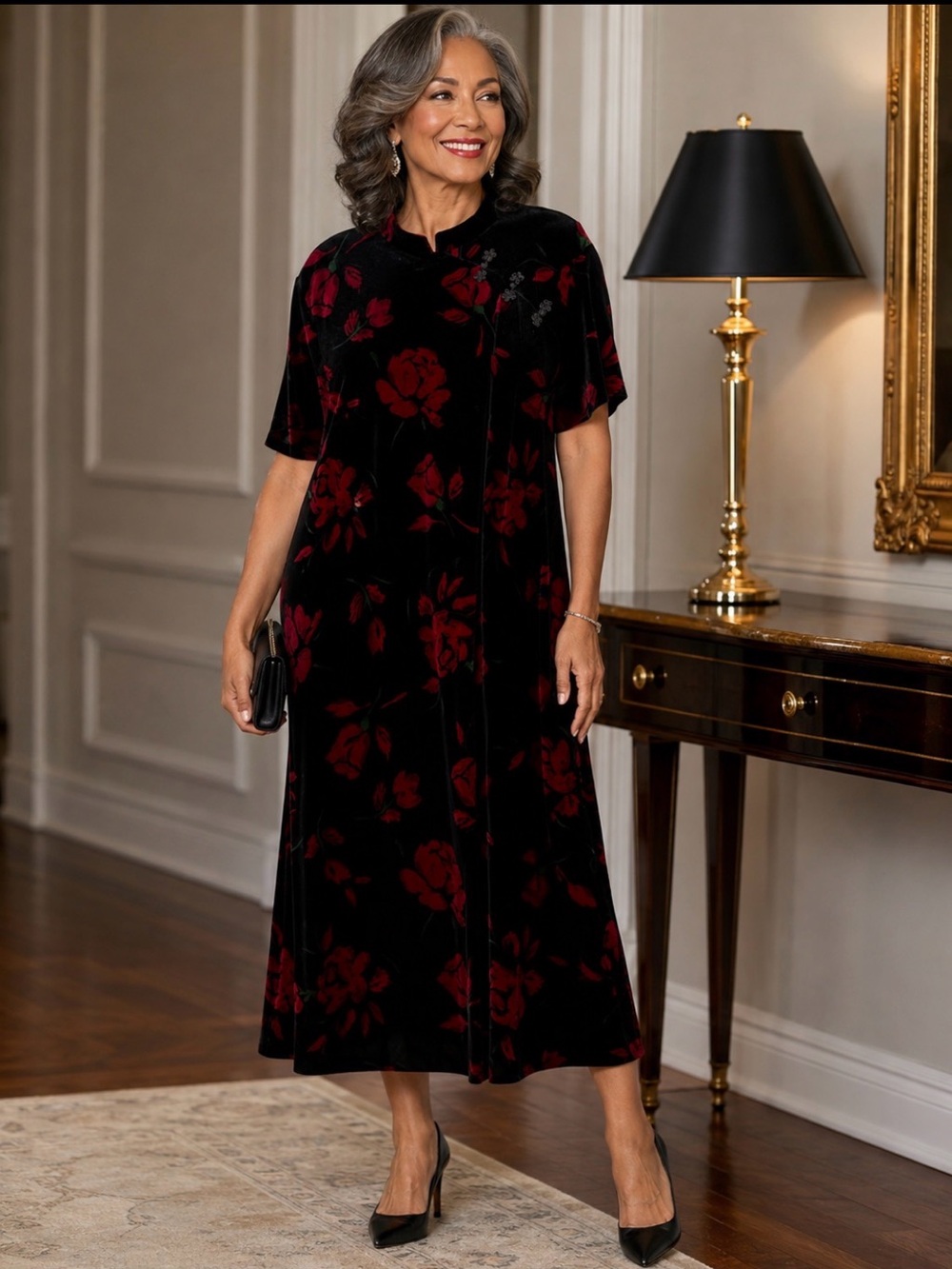 Lord & Taylor The American Woman Velvet Red Holiday Floral Midi Dress 20W